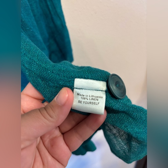 FLAX Linen Button Front Tunic Blouse Teal Green M Relaxed Fit - Picture 6 of 7